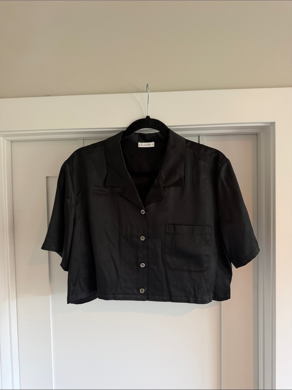 Silk Laundry Cropped Black Button-Down Shirt with Chest Pocket
